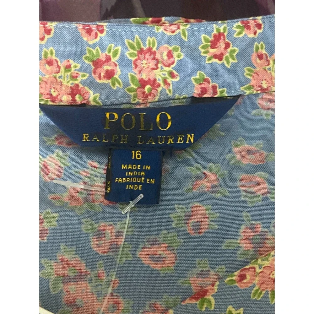 Polo Ralph Lauren Girl Dress 16 Button Front Blue Pink Flowers S/S Pockets NWT‎